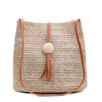 Fashion Bucket Shape Casual Tassel Women Straw Beach Bag Handmade PU Leather Strap Woven Shoulder Bag For Ladies