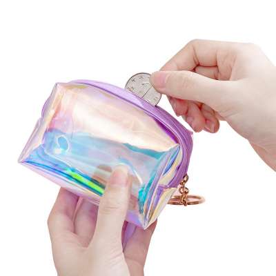 Custom Promotion Cheap Cute Zipper Holographic Transparent Wallet Clear Pvc Laser Coin Purse Girls Kids Pouch Small Cosmetic Bag